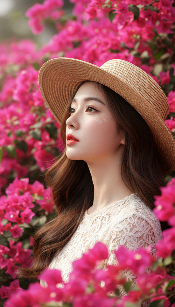 Chân dung xinh đẹp của cô gái trong khung cảnh hoa màu hồng rực rỡ