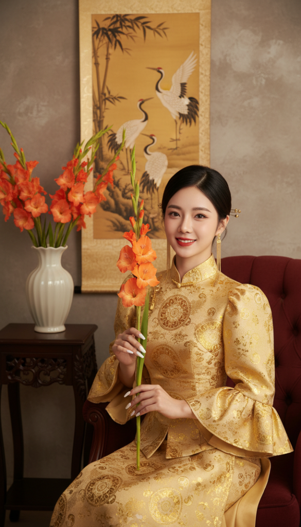 Chân dung phụ nữ trẻ đẹp với trang phục truyền thống rực rỡ tại studio ấm áp