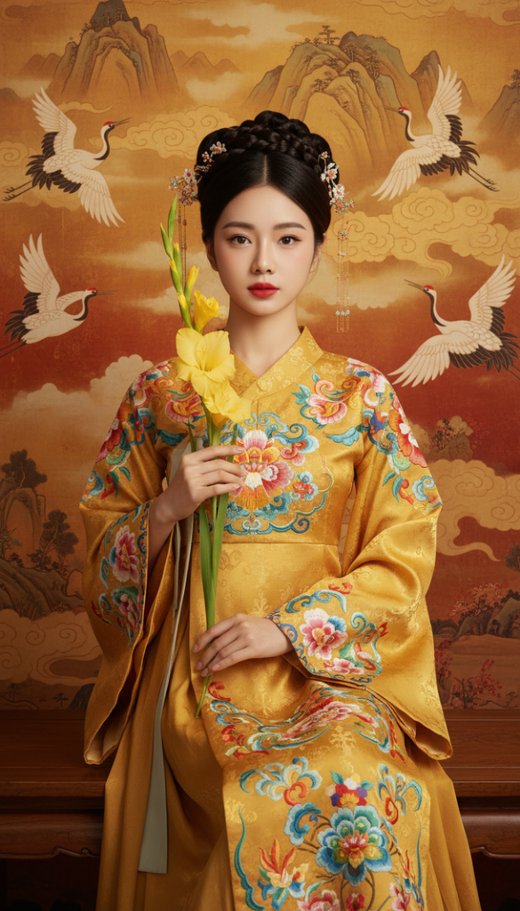 Chân dung chân thật của cô gái trẻ Đông Á trong trang phục truyền thống rực rỡ