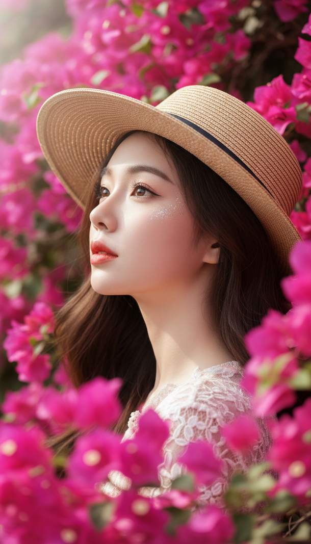 Chân dung thanh lịch của cô gái trẻ giữa vẻ đẹp của hoa giấy màu hồng nóng