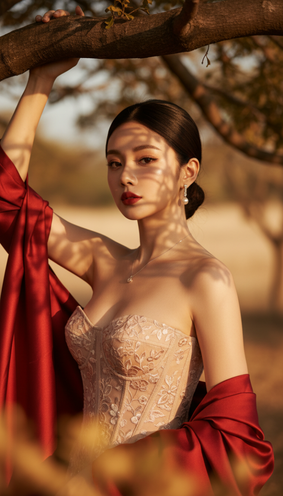 Chân dung nữ nghệ sĩ dưới ánh nắng vàng ấm áp trong trang phục thời thượng