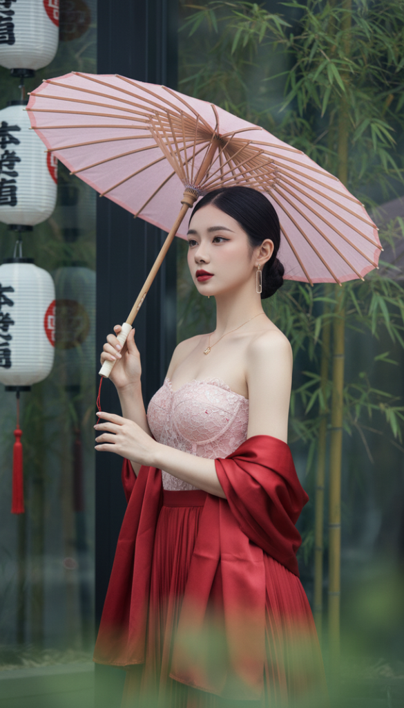 Chân dung thực tế của người phụ nữ trẻ trong khung cảnh Nhật Bản lịch thiệp