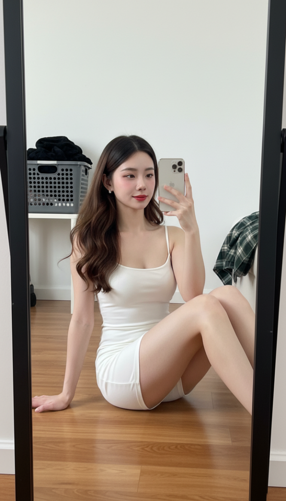 Chân dung cô gái trẻ trong gương với vẻ đẹp tự nhiên và phong cách hiện đại