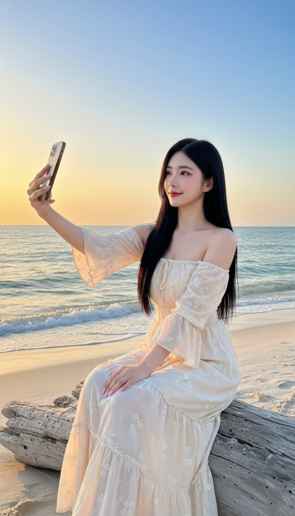 Vẽ chân dung thiếu nữ sắc nét tự nhiên tại bãi biển lúc hoàng hôn