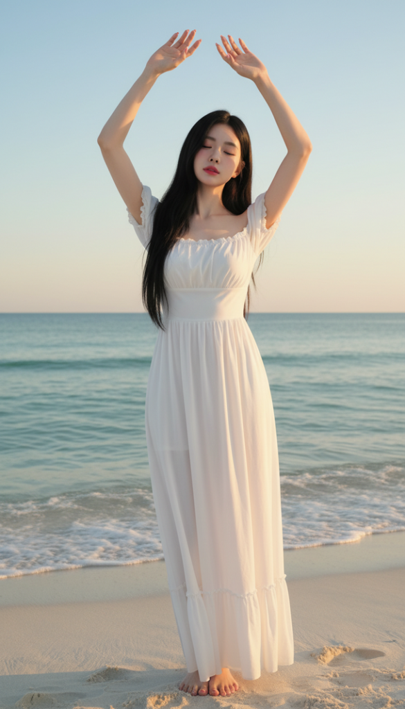 Tạo chân dung thực tế của cô gái trẻ trên bãi biển không chỉnh sửa hình ảnh