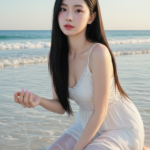 Vẽ chân dung sống động của cô gái trẻ bên bờ biển lúc hoàng hôn