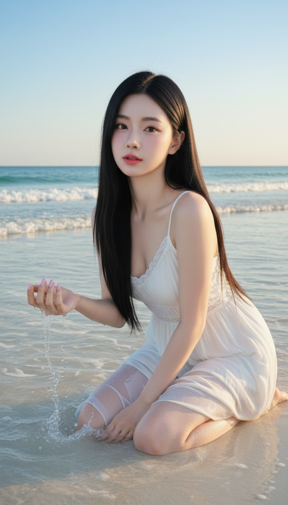 Vẽ chân dung sống động của cô gái trẻ bên bờ biển lúc hoàng hôn