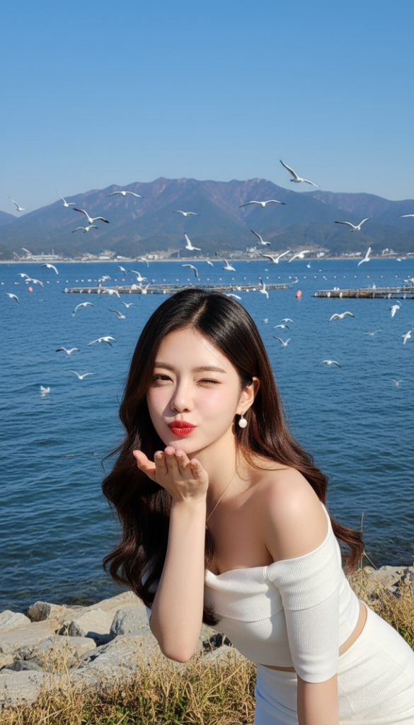 Tạo chân dung thực tế của cô gái trẻ với làn da hoàn hảo và khung cảnh thiên nhiên trong trẻo.