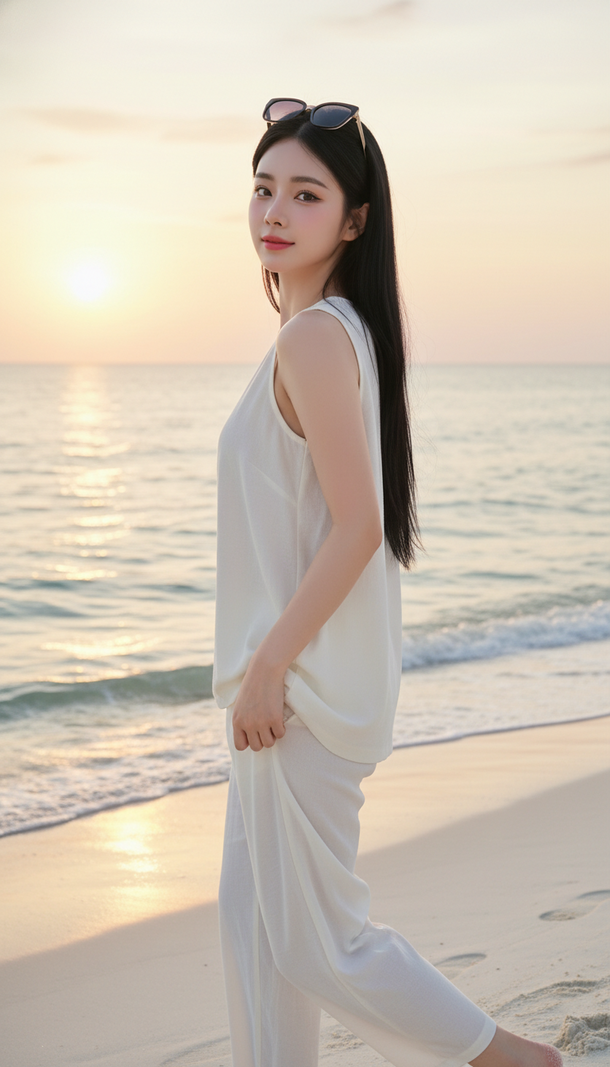 Vẽ chân dung nữ đẹp tự nhiên bên bờ biển lúc hoàng hôn