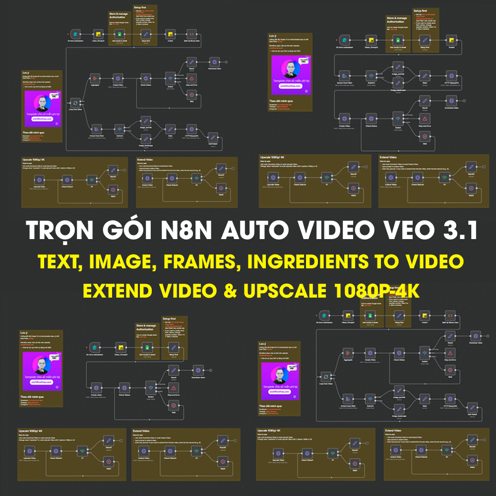 Trọn gói quy trình n8n auto Video Veo 3.1 (text prompt, image, frames, ingredient, extend, upscale 1080p & 4K) vượt reCaptcha Google siêu rẻ