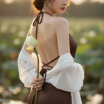 Vẻ đẹp thanh lịch của cô gái trẻ Việt Nam bên hoa sen dưới ánh hoàng hôn