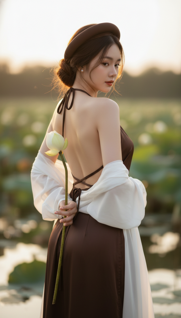 Vẻ đẹp thanh lịch của cô gái trẻ Việt Nam bên hoa sen dưới ánh hoàng hôn