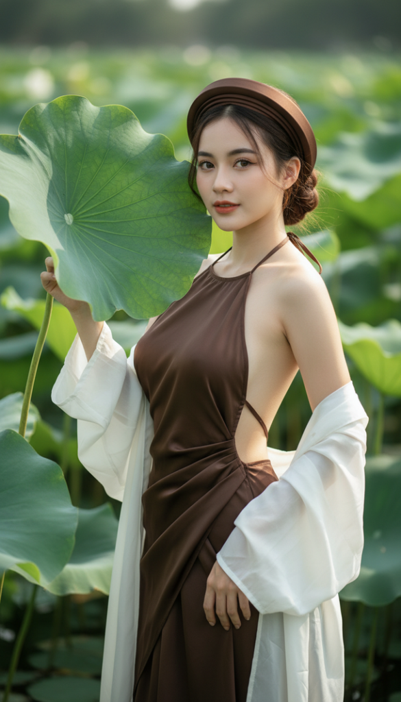 Tạo chân dung thanh lịch của cô gái Việt Nam bên hồ sen thơ mộng