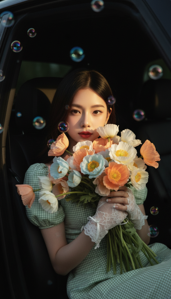 Tạo chân dung nữ tính với vẻ đẹp cổ điển và ánh sáng nghệ thuật trong xe hơi.