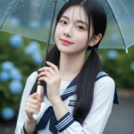 Chân dung cô gái đáng yêu trong trang phục sinh viên Nhật dưới cơn mưa lãng mạn