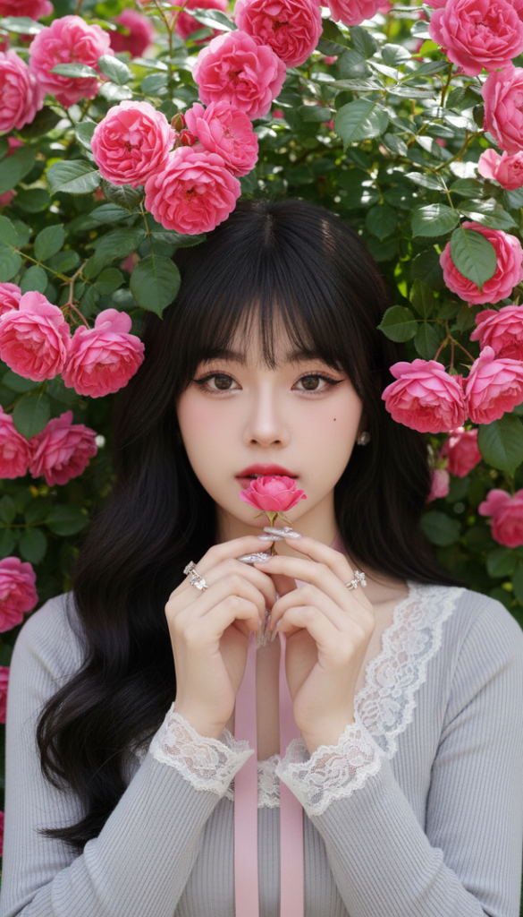 Chân dung cô gái trẻ giữa rừng hoa hồng pastel lãng mạn và quyến rũ