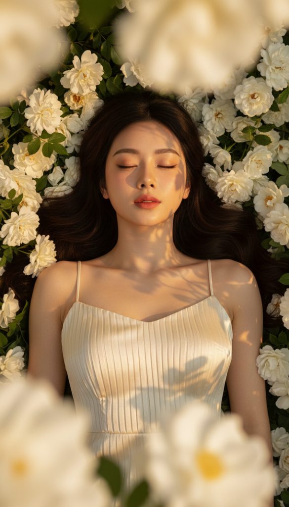 Chân dung hiện thực của cô gái giữa đám hoa trắng tuyệt đẹp