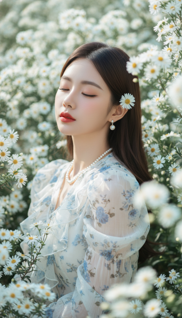 Tạo chân dung nhẹ nhàng của cô gái trẻ giữa cánh đồng hoa aster trắng