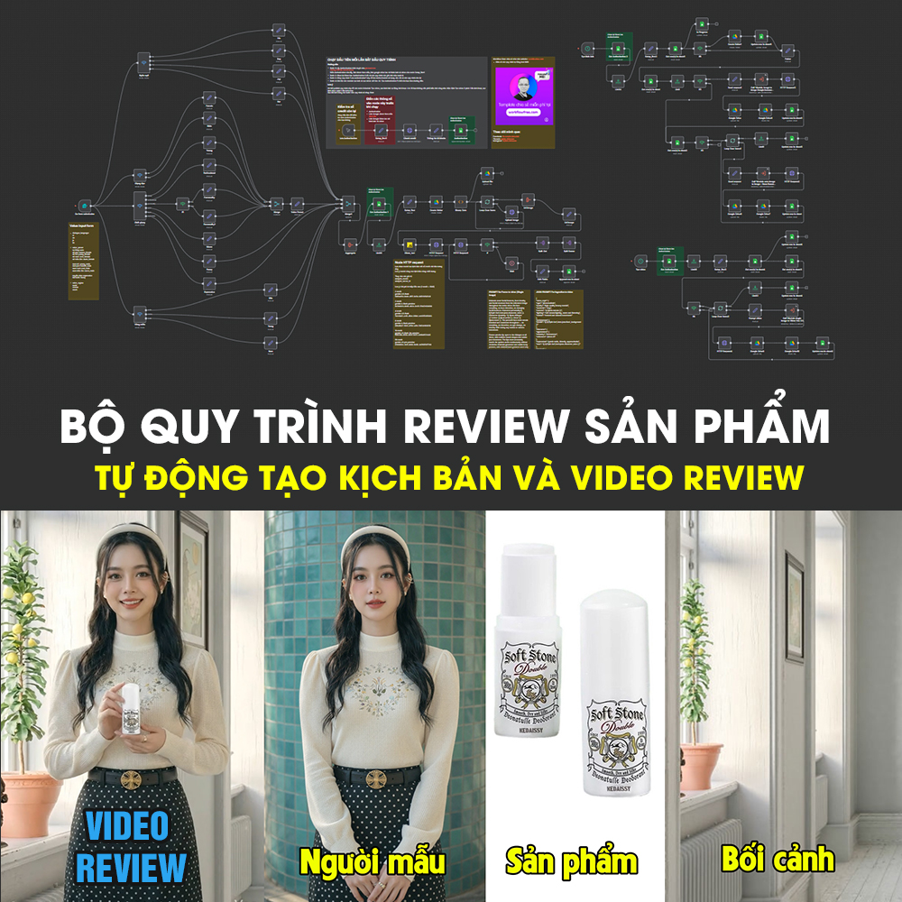Quy trình n8n tạo kịch bản Review sản phẩm tự động, đồng nhất giọng nói nhân vật với Nano Banana Pro và VEO 3