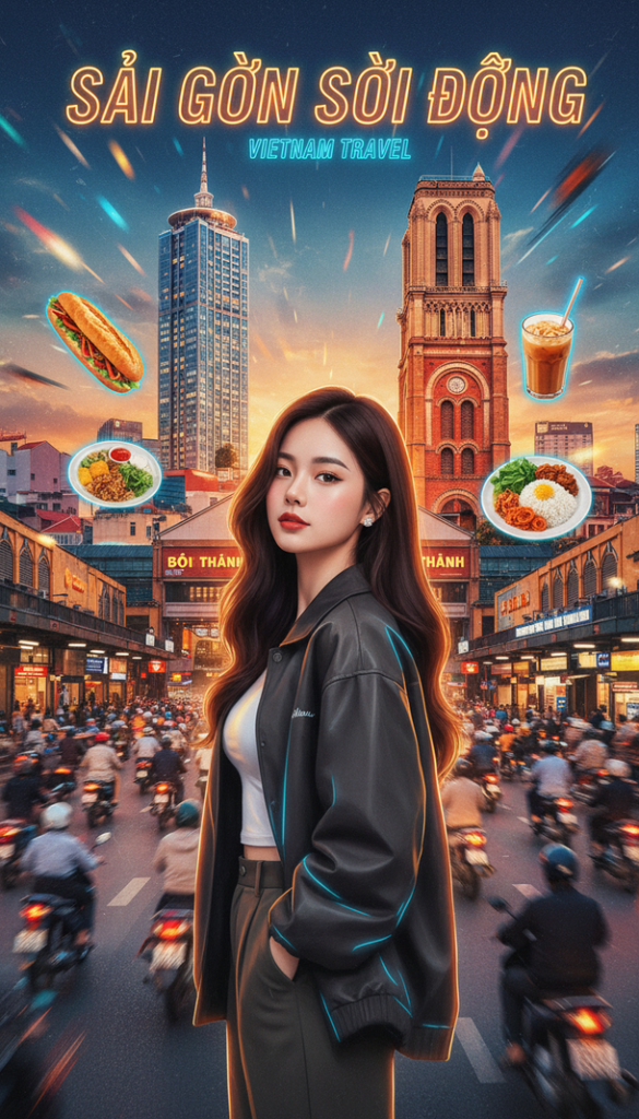 Chân dung du khách trẻ tại Sài Gòn với phong cách hiện đại và bối cảnh sôi động