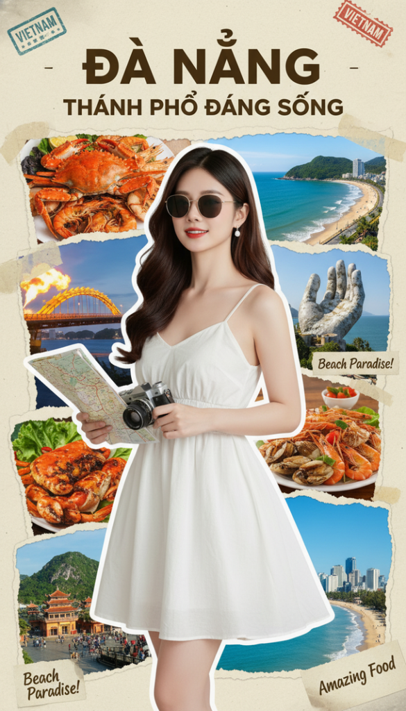 Vẽ chân dung cô gái Việt Nam du lịch Đà Nẵng với phong cách vintage hiện đại