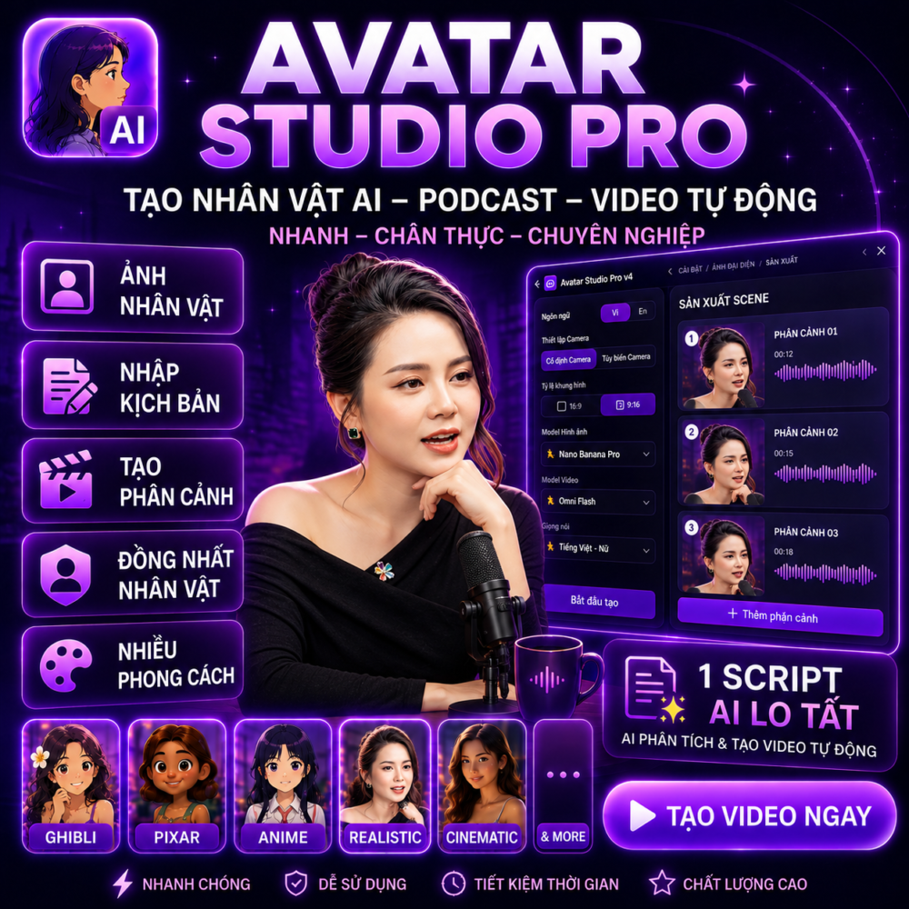 Ứng dụng FLOW tạo video Ai dạng Podcast nhiều phong cách cố định hoặc tuỳ biến các góc máy quay sinh động
